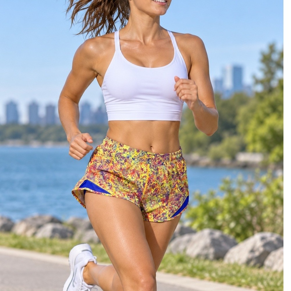 Lululemon Womens Lined Running Shorts S 10 Multicolor Abstract Print Yellow Blue